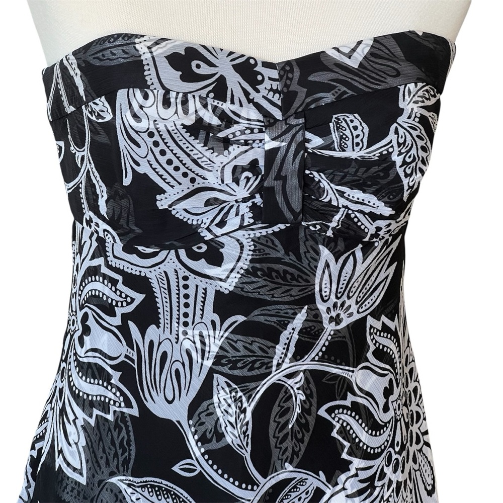 WHBM Strapless Floral Chiffon Asymmetrical Midi Dress Black White Size 6